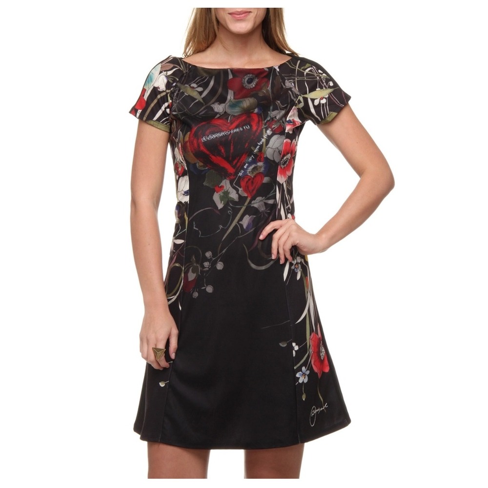 Desigual Floral Heart Print Shift Dress Black Short Sleeve Boat Neck Mini L
